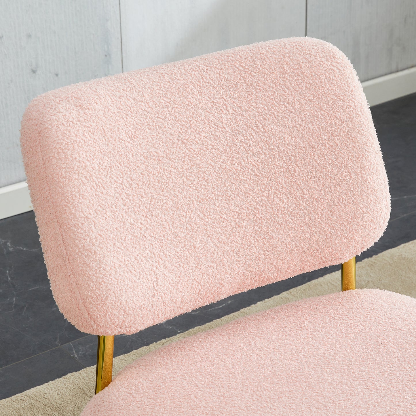 Teddy velvet material cushioned rocking chair, unique rocking chair, cushioned seat, pink backrest rocking chair, and golden metal legs. Comfortable side chairs in the living room, bedroom, and office