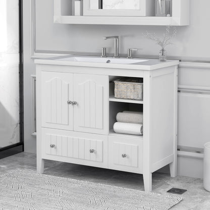 Bathroom Vanity with Ceramic Basin, Storage Cabinet, Two Doors and Drawers