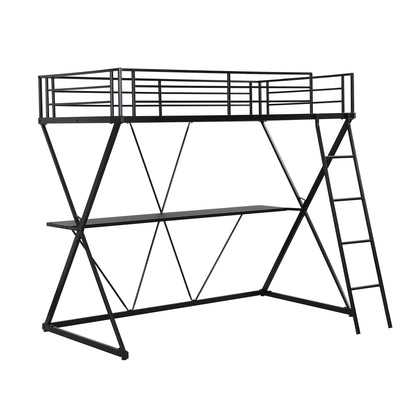 Twin Size Loft Bed with Desk, Ladder and Full-Length Guardrails, X-Shaped Frame, Black(Old SKU: MF297073AAB)