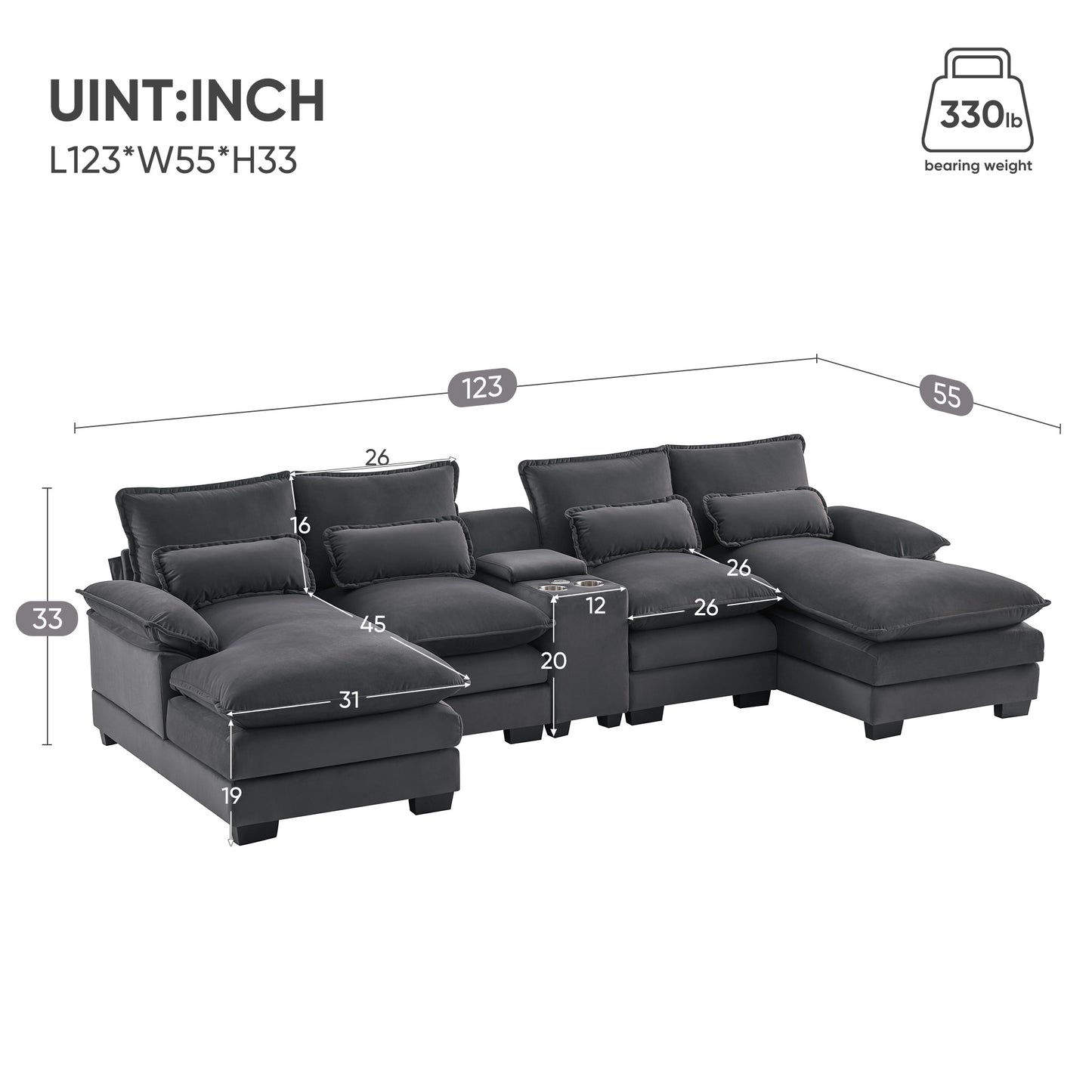 [VIDEO provided][New]123*55" Modern U-shaped Sofa with Console,Cupholders and USB Ports,6-seat Upholstered Symmetrical Indoor Furniture,Sleeper Couch Set with Chaise for Living Room,Apartment,2 Colors