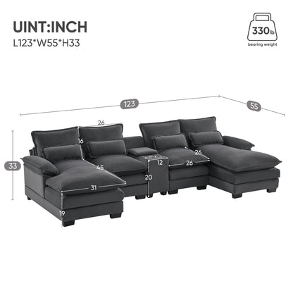 [VIDEO provided][New]123*55" Modern U-shaped Sofa with Console,Cupholders and USB Ports,6-seat Upholstered Symmetrical Indoor Furniture,Sleeper Couch Set with Chaise for Living Room,Apartment,2 Colors