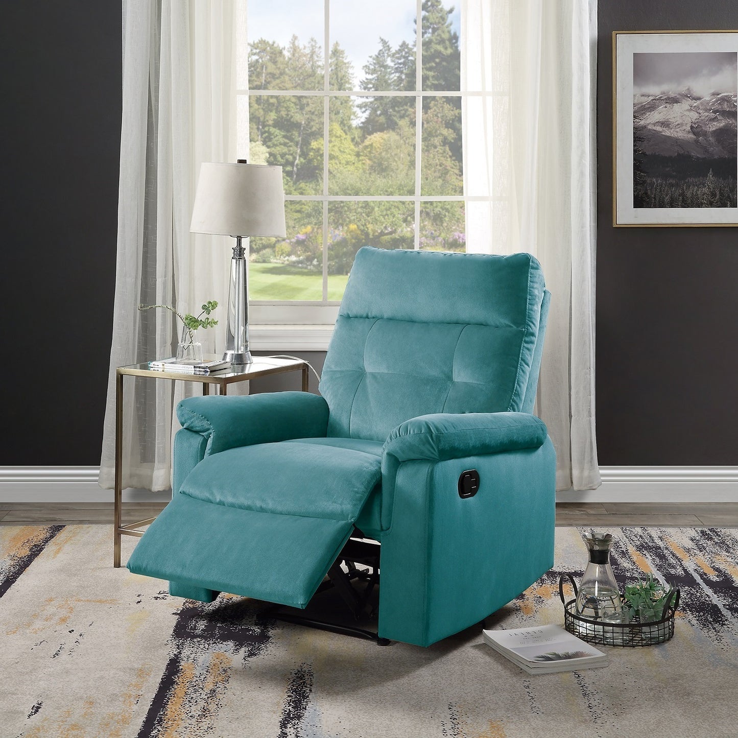 Luxurious Velvet Teal Blue Color Motion Recliner Chair 1pc Couch Manual Motion Plush Armrest Tufted Back Living Room Furniture Chair