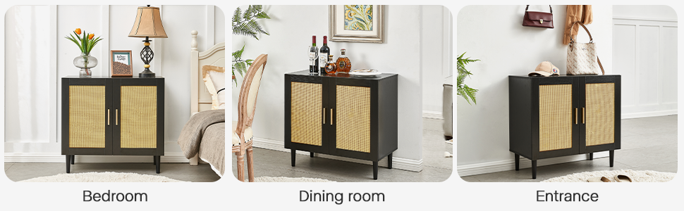 Side panel buffet cabinet with natural rattan door, rattan storage cabinet with adjustable shelves, side panel and buffet with storage space, modern console cabinet in bedroom and living room