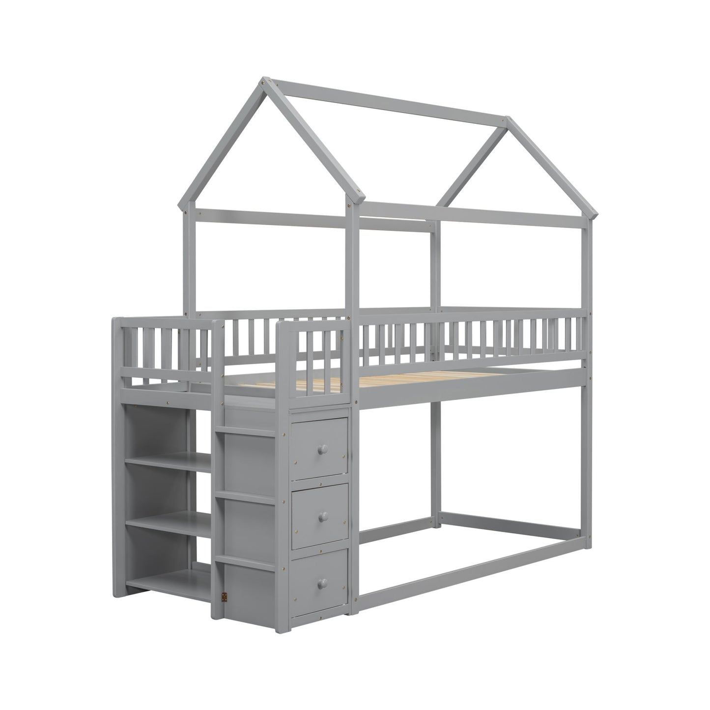 TWIN/TWIN HOUSE BUNK BED WITH SHELVES AND DRAWERS FOR GREY COLOR