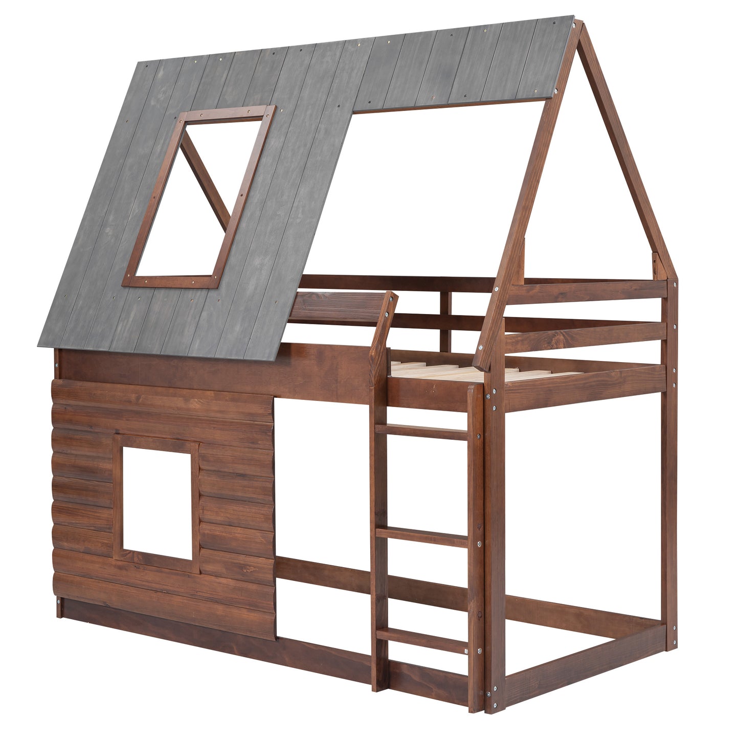 Wood Twin Size House Bunk Bed with Roof, Ladder and 2 Windows, Oak & Smoky Grey