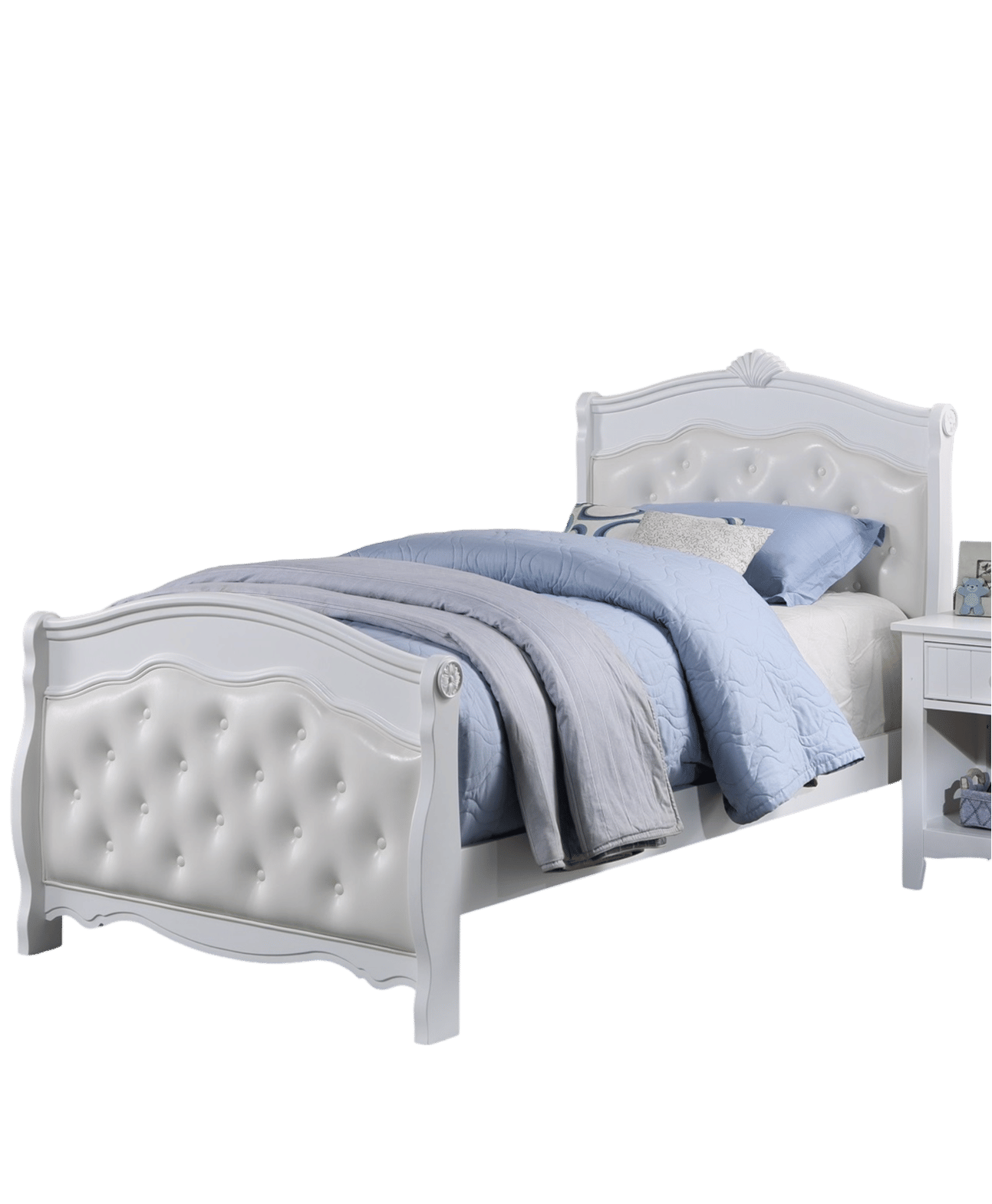 White Full Size Bed Youth Bedroom Furniture White Faux Leather Headboard Footboard Plywood 1pc Bedframe