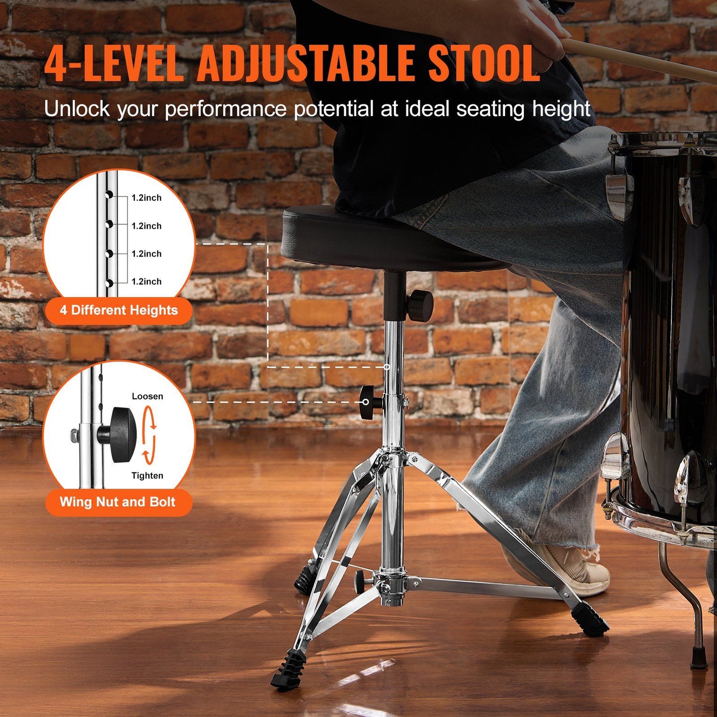 VEVOR Drum Throne, 19.3 to 23 in / 490-585 mm Height Adjustable, Padded Drum Stool Seat with Anti-Slip Feet 5A Drumsticks 330 lbs / 150 kg Maximum Weight Capacity, 360° Swivel Drum Chair for Drummers