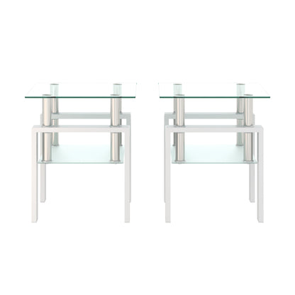 Set of 2, Modern Tempered Glass Tea Table Coffee Table End Table, Square Table for Living Room, Transparent/White