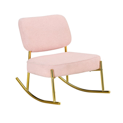 Teddy velvet material cushioned rocking chair, unique rocking chair, cushioned seat, pink backrest rocking chair, and golden metal legs. Comfortable side chairs in the living room, bedroom, and office