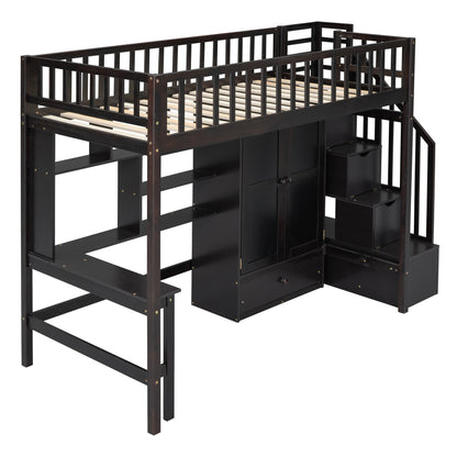 Twin size Loft Bed with Bookshelf,Drawers,Desk,and Wardrobe-Espresso