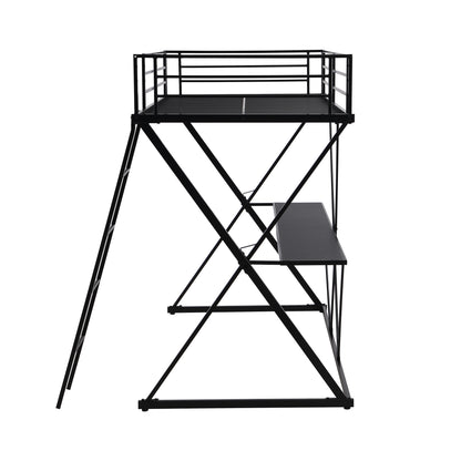 Twin Size Loft Bed with Desk, Ladder and Full-Length Guardrails, X-Shaped Frame, Black(Old SKU: MF297073AAB)