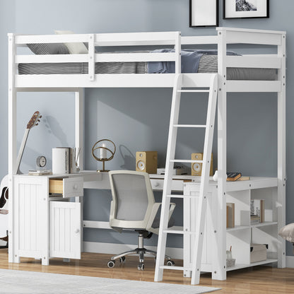 Twin Size Loft Bed with U-shaped Desk, Drawers and Storage Shelves, White