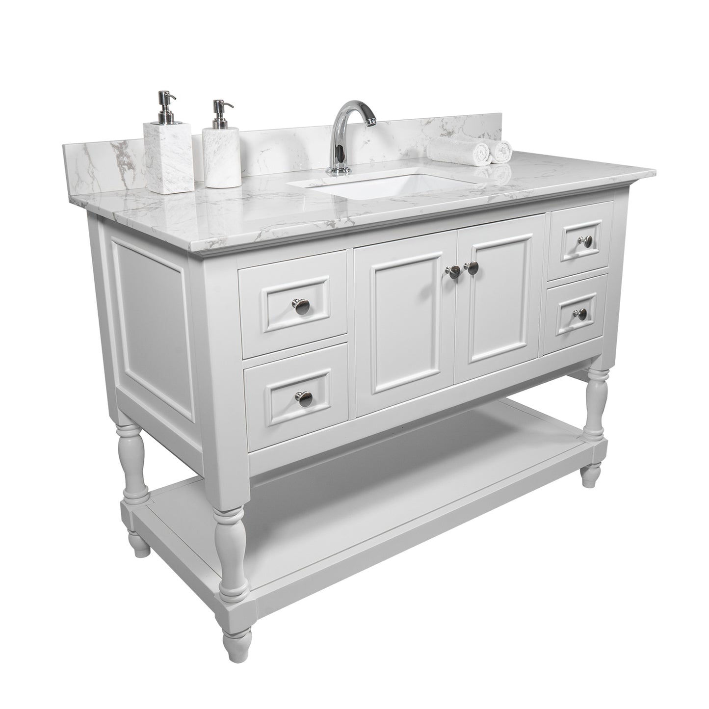 Montary 43x22 inch bathroom stone vanity top engineered stone carrara white marble color with rectangle undermount ceramic sink and single faucet hole with back splash .