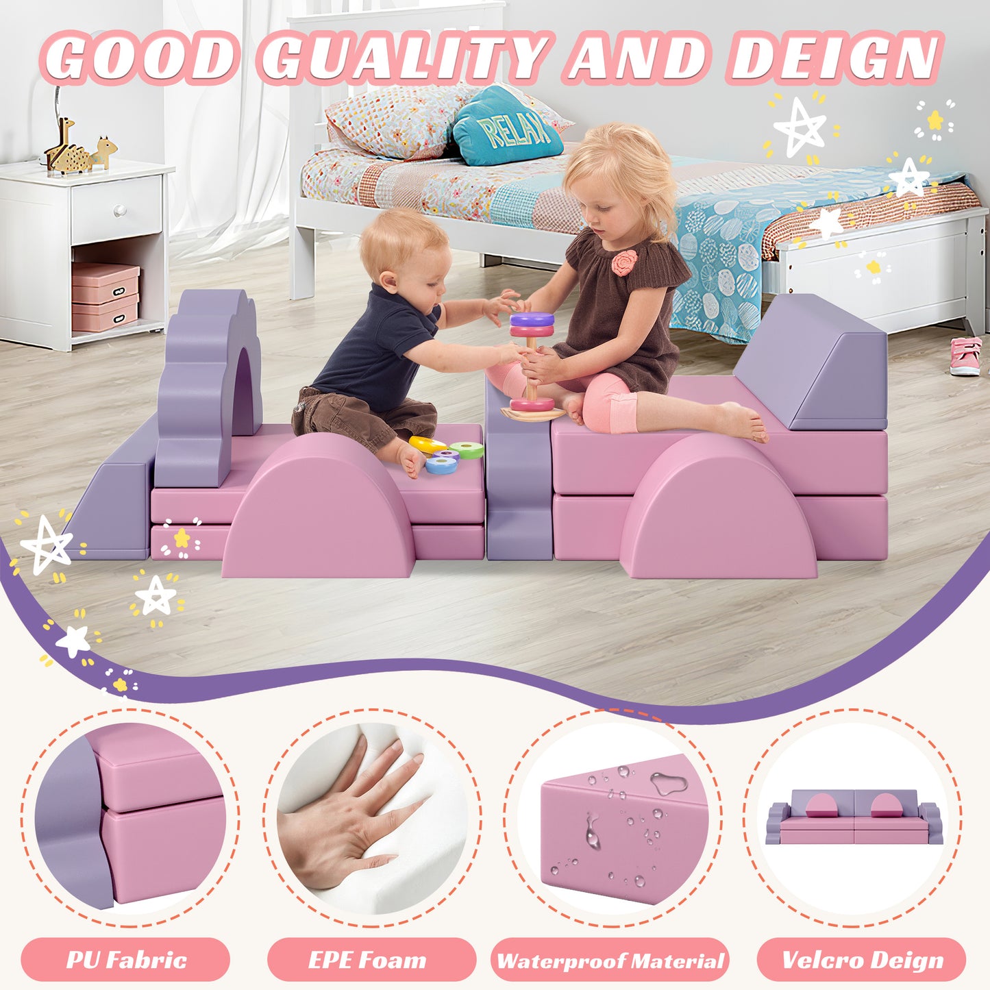 10PCS Kids Couch for Playroom, Baby Climbing and Crawl Foam Play Set, Foam Climbing Blocks Convertible Sofa ,Kids Play Couch, Indoor Climbing Structure for Toddlers, Infant, Kids, Pre-school