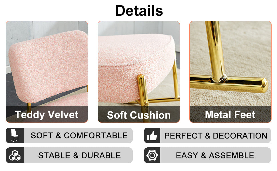 Teddy velvet material cushioned rocking chair, unique rocking chair, cushioned seat, pink backrest rocking chair, and golden metal legs. Comfortable side chairs in the living room, bedroom, and office