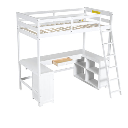 Twin Size Loft Bed with U-shaped Desk, Drawers and Storage Shelves, White