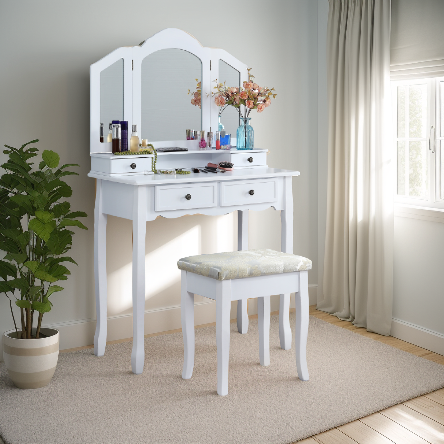 Sanlo Wooden Vanity Make Up Table and Stool Set, White