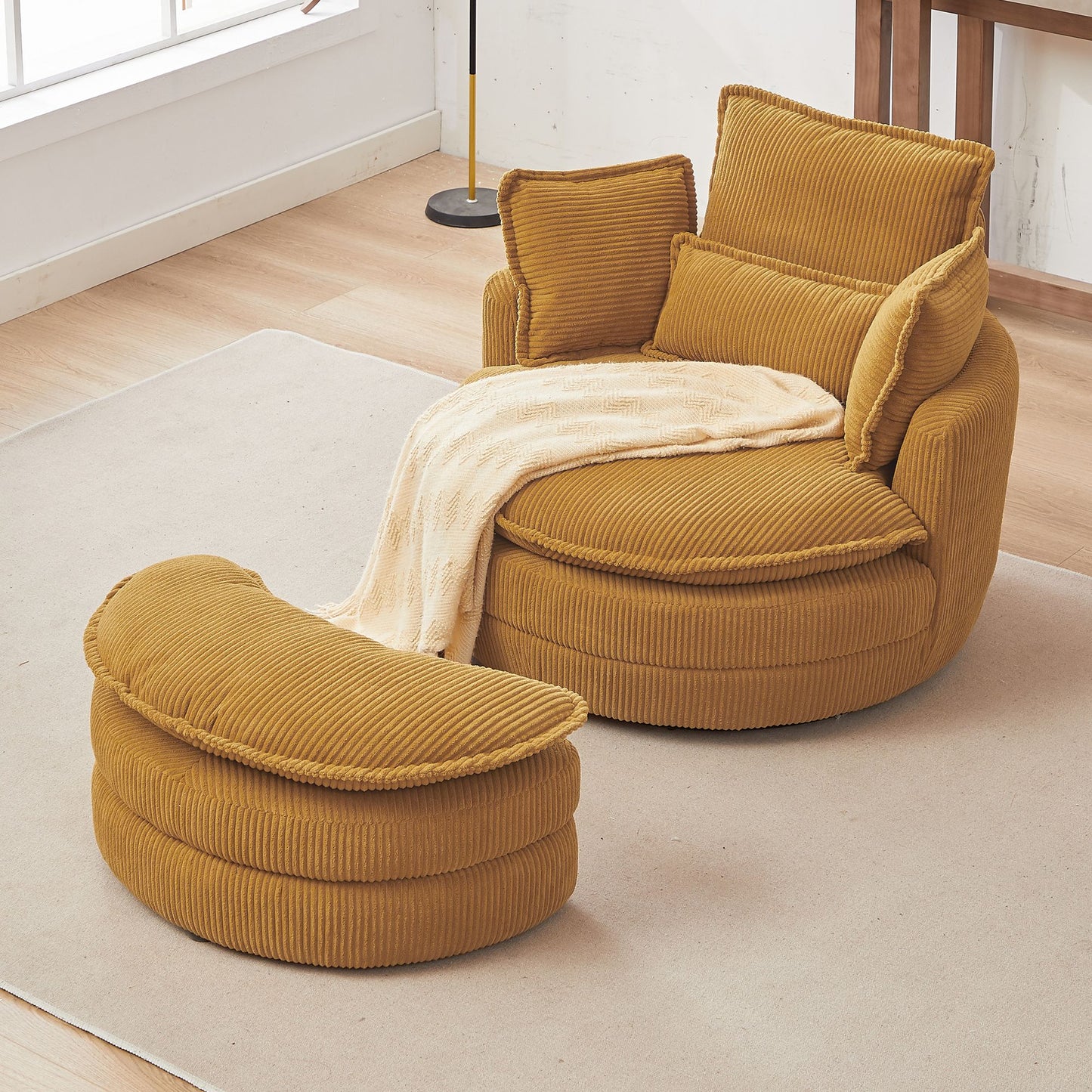 38" Modern Accent Round Swivel Barrel Oversized Chair with Moon Storage Ottoman & 4 Pillows in Yellow Corduroy