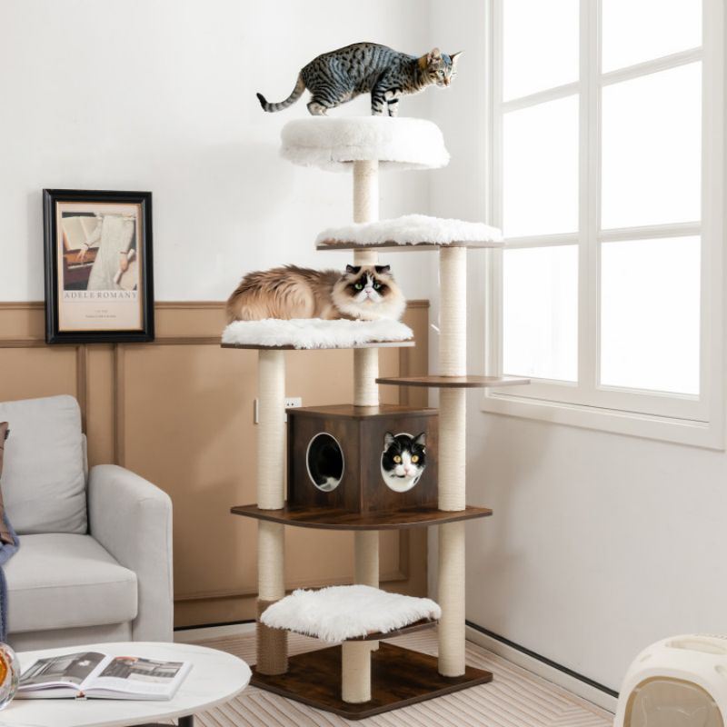 7-Layer Wooden Cat Tree Tall Cat Tower with Sisal Posts and Condo