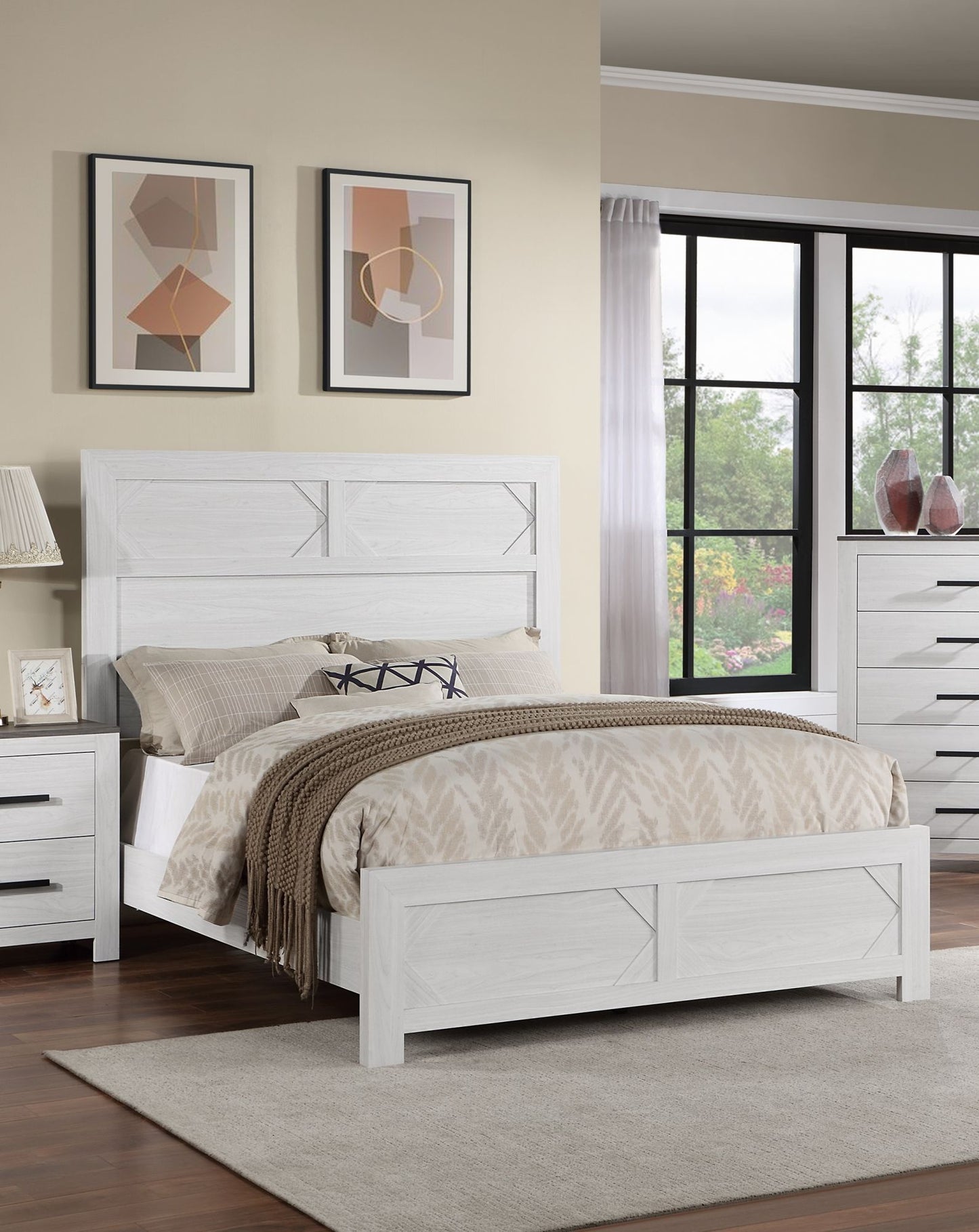 White Color 1pc Queen Size Bed High Headboard MDF Particle Board Bedroom Furniture Bedframe Unique Panel Design