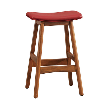 Solid Wood Walnut Finish Counter Height Stools Set of 2 Red Faux Leather Seat Mid-Century Modern Barstools Kitchen Dining Furniture