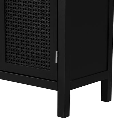 TREXM Large Storage Space Sideboard with Artificial Rattan Door and Metal Handles for Living Room and Entryway (Black)