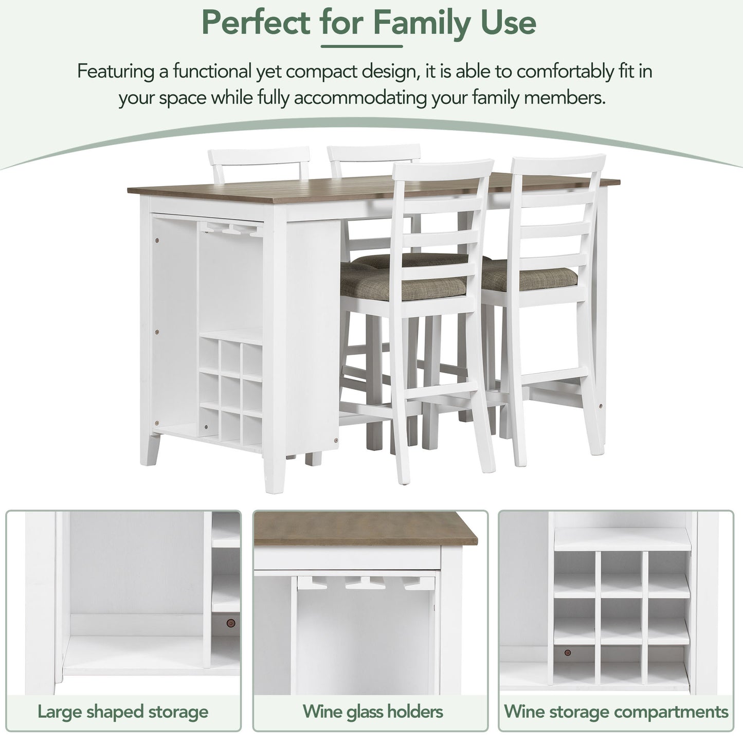 TREXM 5-Piece Multi-Functional Rubber Wood Counter Height Dining Set with Padded Chairs and Integrated 9 Bar Wine Compartment, Wineglass Holders for Dining Room (Brown + White Wash)