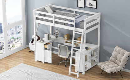 Twin Size Loft Bed with U-shaped Desk, Drawers and Storage Shelves, White