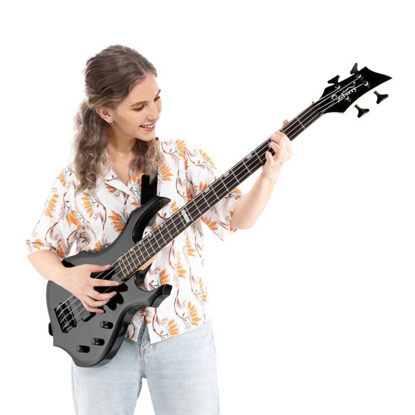 [Do Not Sell on Amazon]Full Size Glarry 4 String Burning Fire enclosed H-H Pickup Electric Bass Guitar with 20W Amplifier Bag Strap Connector Wrench Tool Black