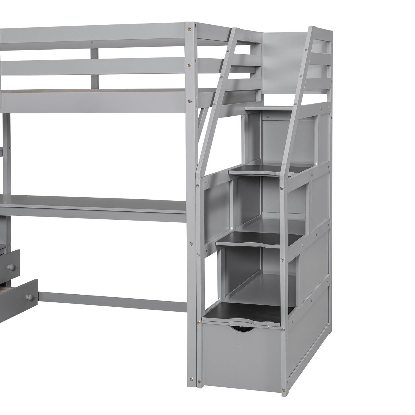 Twin Size Loft Bed with Desk and Shelves, Two Built-in Drawers, Storage Staircase, Gray