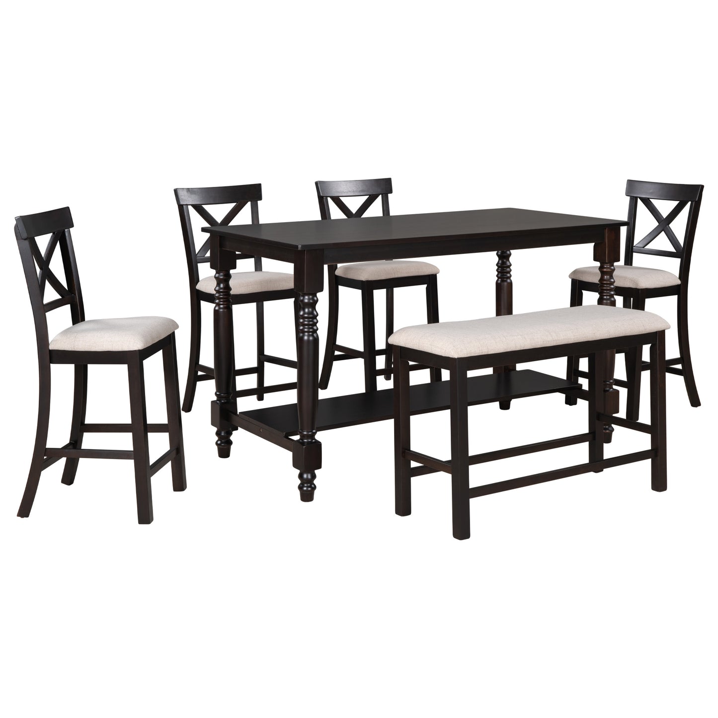 TREXM 6-Piece Counter Height Dining Table Set Table with Shelf 4 Chairs and Bench for Dining Room (Espresso)