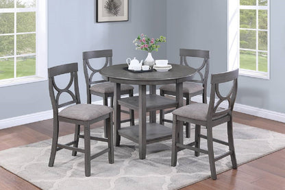 Counter Height Dining Table w Storage Shelve 4x Chairs Padded Seat Unique Design Back 5pc Dining Set Gray Color