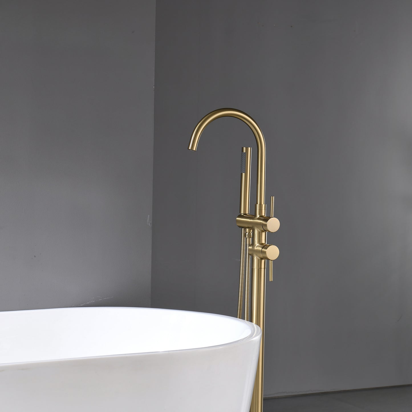 Bathtub Faucet Free Standing Floor Mounted Tub Faucet Tub Filler, Bathroom High Flow Shower Faucets with Handheld Shower Brushed Gold