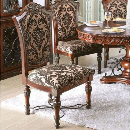 Traditional Fancy Set of 2pcs Side Chairs Brown Cherry Solid wood Intricate Carved Details Floral Design Print Fabric Seats Formal Dining Room Furniture