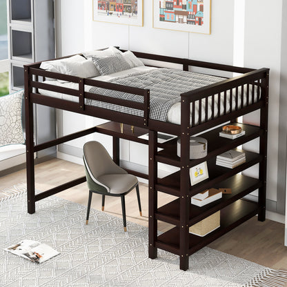 Full Size Loft Bed with Storage Shelves and Under-bed Desk, Espresso(OLD SKU:SM000246AAP-1)