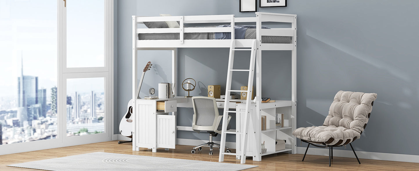 Twin Size Loft Bed with U-shaped Desk, Drawers and Storage Shelves, White