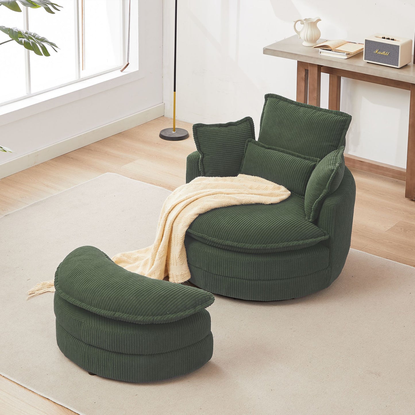 38" Modern Accent Round Swivel Barrel Oversized Chair with Moon Storage Ottoman with 4 Pillows in Green Corduroy