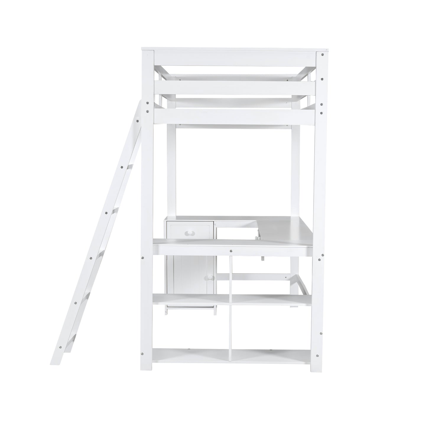 Twin Size Loft Bed with U-shaped Desk, Drawers and Storage Shelves, White