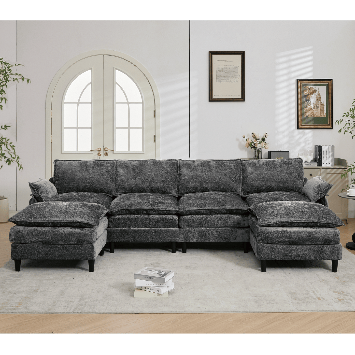 [NEW ARRIVED]Modular Sofa,U Shaped Cloud Couch Comfy Set ,6-Seater, 2 Armrest Pillows,Convertible Sectional Couch, Living Room,Apartment, Chenille(2 Movable Ottoman), Dark Gray