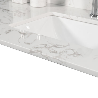 Montary 43x22 inch bathroom stone vanity top engineered stone carrara white marble color with rectangle undermount ceramic sink and single faucet hole with back splash .