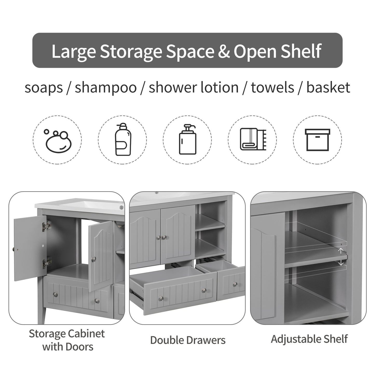 Bathroom Vanity with Ceramic Basin, Storage Cabinet, Two Doors and Drawers