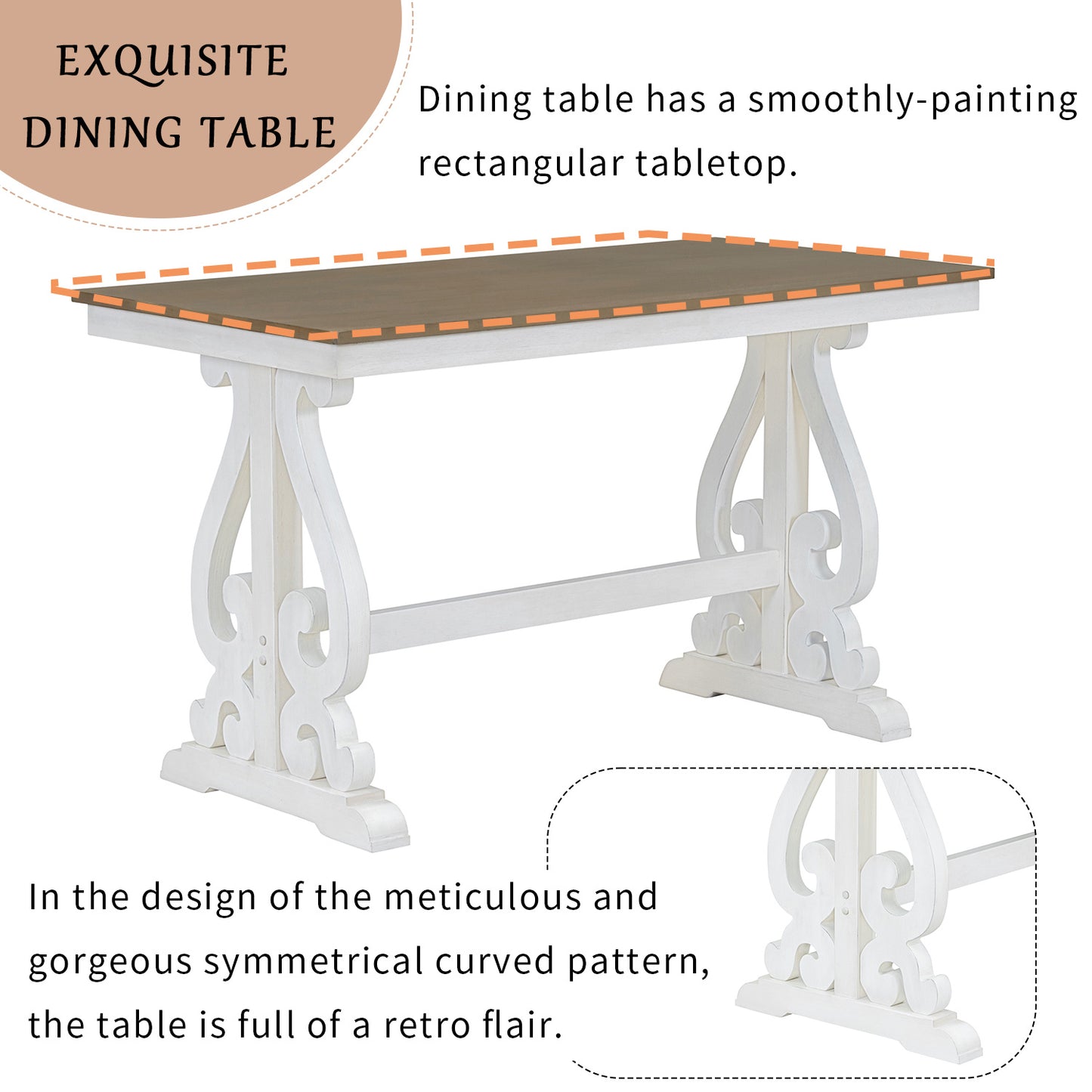 TREXM 5-Piece Retro Dining Set, Rectangular Wooden Dining Table and 4 Upholstered Chairs for Dining Room and Kitchen (Brown+White)