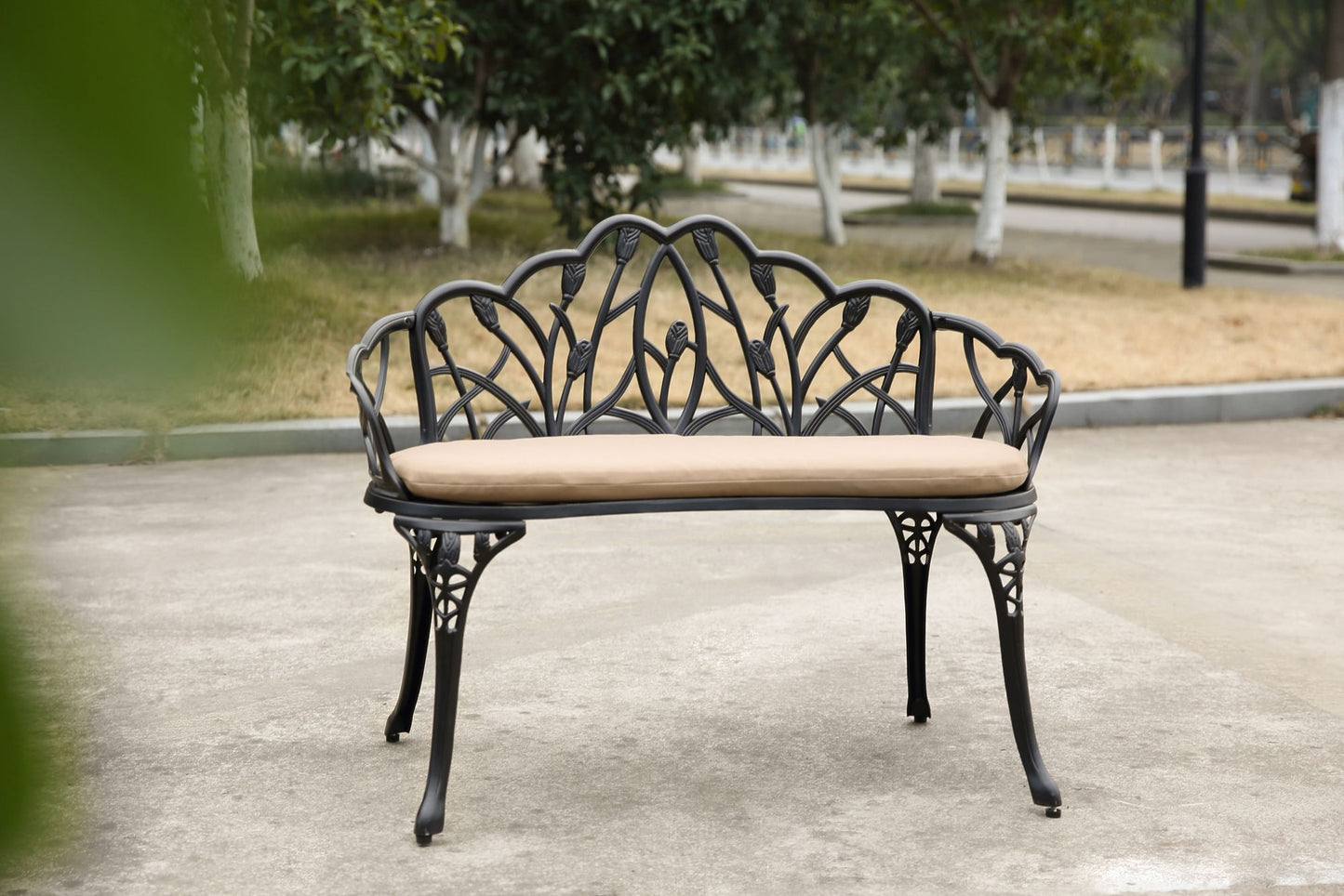 Tulip Patio Garden Bench Metal Park Bench Cast Aluminum Outdoor Furniture with Floral Rose for Patio,Park,Lawn,Yard
Black withe cushion