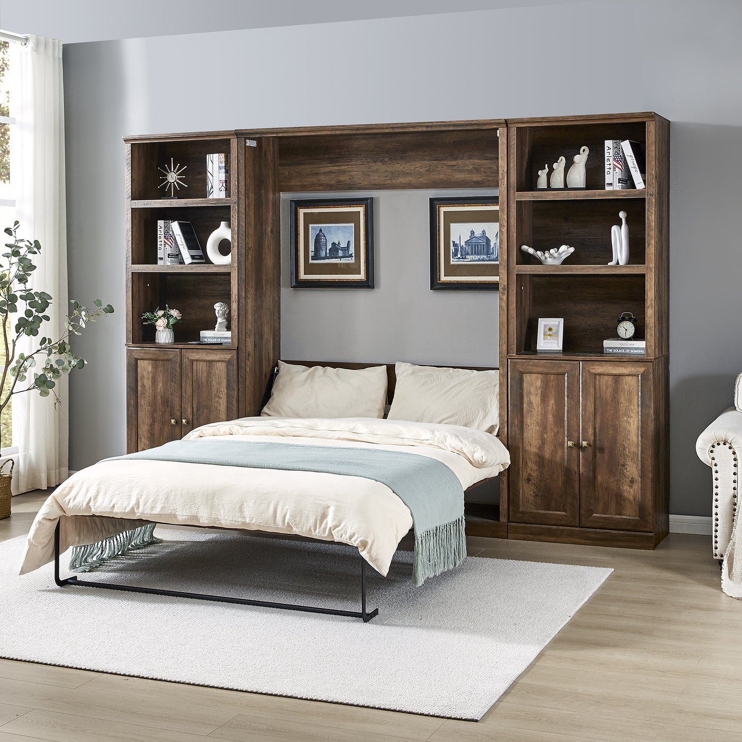 Full Size Murphy Wall Bed with 2 Side Cabinet Storage Shelf, Cabinet Space-Saving Bed Perfect for Guest Room, Bed Room, Guest Room, Home Office, Brown