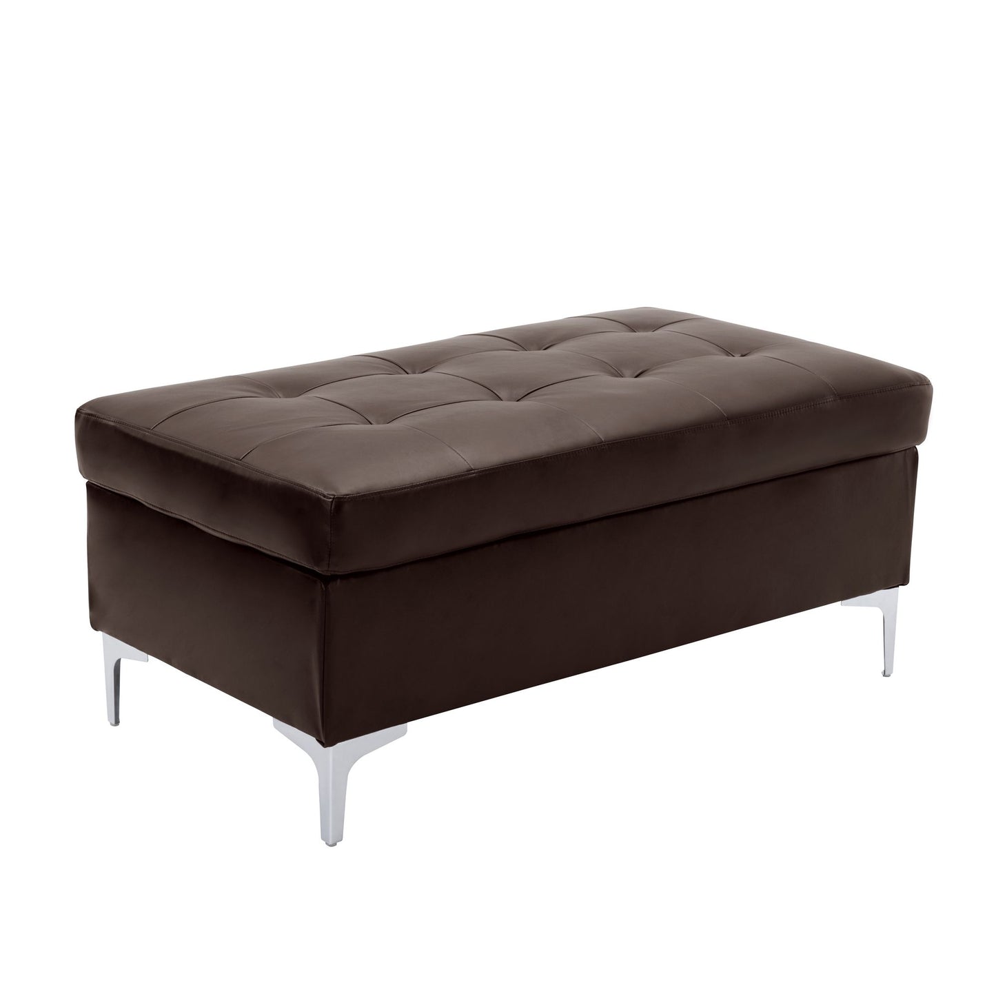 Contemporary Brown Tufted Top 1pc Ottoman Faux Leather Upholstered Solid Wood Frame Living Room Furniture Silver Metal Legs