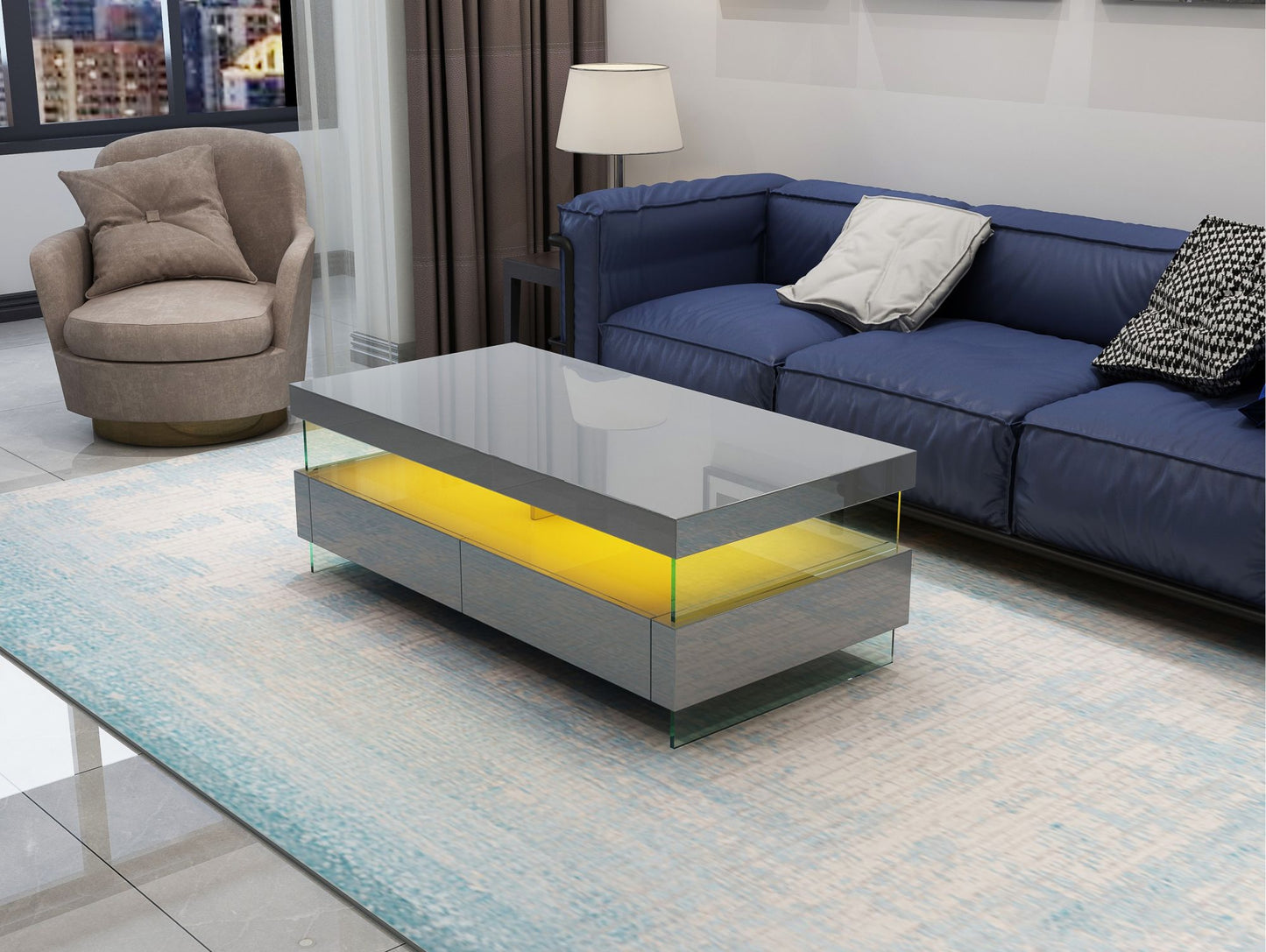 Ria Modern & Contemporary Style Built in LED Style Coffee Table in Gray color Made with Wood & Glossy Finish