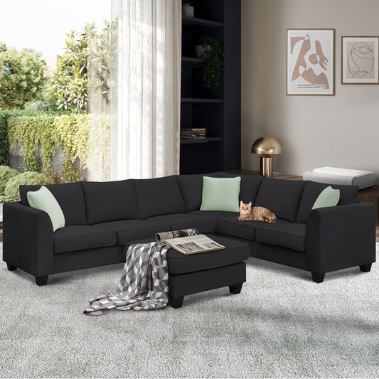 [VIDEO provided] 112*87" Sectional Sofa Couches Living Room Sets, 7 Seats Modular Sectional Sofa with Ottoman, L Shape Fabric Sofa Corner Couch Set with 3 Pillows, Black(New of GS008210AAB)