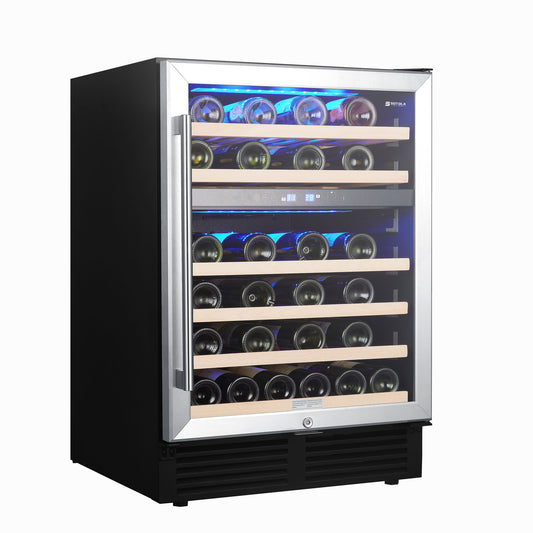 SOTOLA 24 Dual Zone inch 46 Bottle Wine Cooler Cabinet Beverage Fridge Small Wine Cellar Soda Beer Counter Top Bar Quiet Operation Compressor Freestanding Clear Glass Door for Office