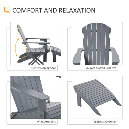 3-Piece Folding Adirondack Chair with Ottoman and Side Table, Outdoor Wooden Fire Pit Chairs w/ High-back, Wide Armrests for Patio, Backyard, Garden, Lawn Furniture, Gray