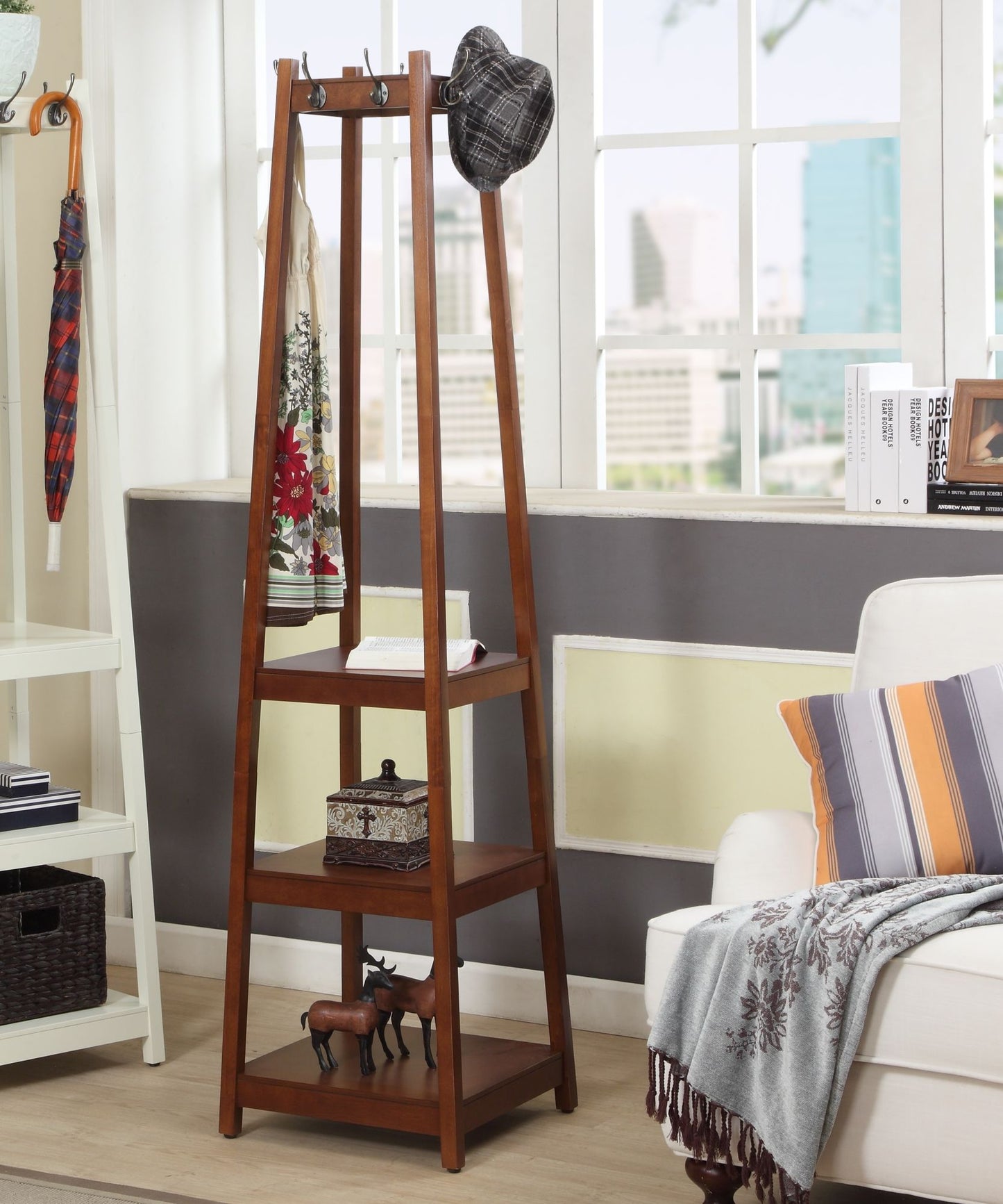 Vassen Coat Rack w/ 3-Tier Storage Shelves in Espresso Finish